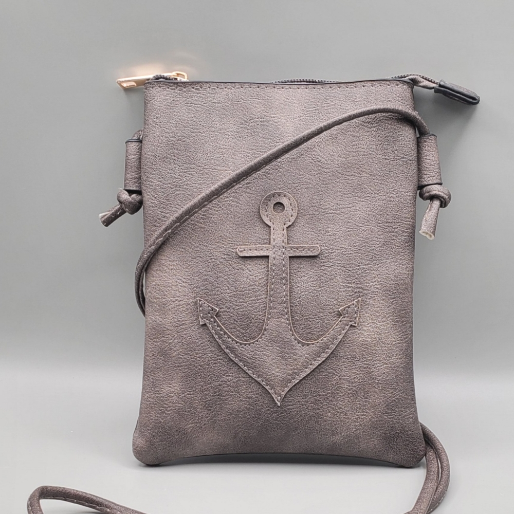 Gray Faux Leather Crossbody Bag with Anchor Design